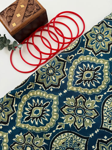 Ajrakh hand block printed modal silk saree | Dark Blue | Ships from California